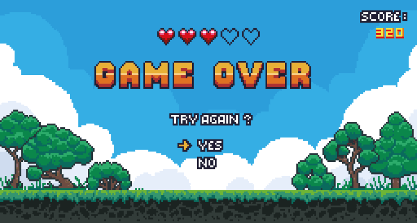 Screen showing classic arcade game scene with the words Game over.