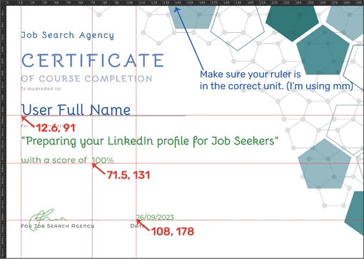 Images shows how the placement of the text elements are placed on the certificate. The coordinates refer to the bottom left corner of where the text should start from.