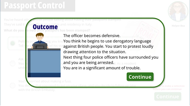 Screen shot from my training course on Passport Stamps, illustrating the outcomes can be serious.