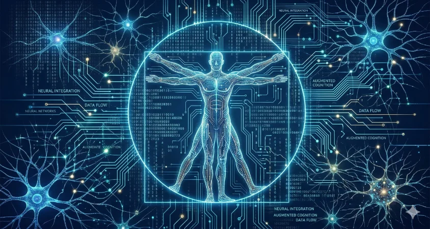 A digital, matrix-style rendition of Da Vinci's Vitruvian Man integrated into a neural network and circuitry background, representing the AI-Augmented Facilitator and posthuman evolution in training.